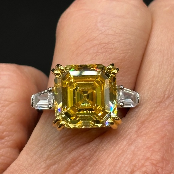 Art Deco Asscher Cut Yellow Diamond Ring Size 5 - Picture 6 of 11